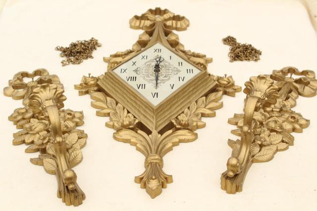 photo of ornamental gold rococo wall art set, vintage Syroco candle sconces & clock not working #4