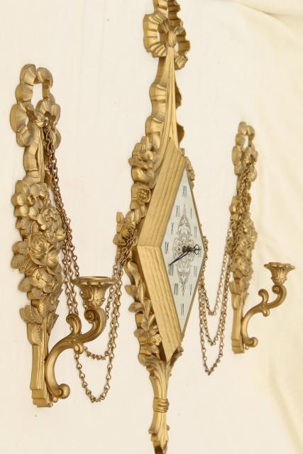 photo of ornamental gold rococo wall art set, vintage Syroco candle sconces & clock not working #9