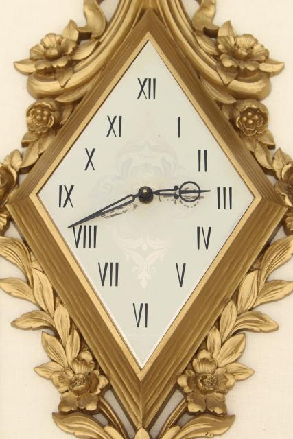 photo of ornamental gold rococo wall art set, vintage Syroco candle sconces & clock not working #11