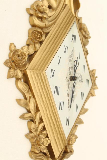 photo of ornamental gold rococo wall art set, vintage Syroco candle sconces & clock not working #14