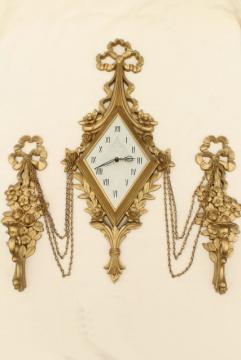 catalog photo of ornamental gold rococo wall art set, vintage Syroco candle sconces & clock not working