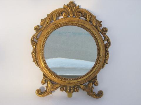 photo of ornate Spanish mirror for boudoir vanity table, antique gold finish frame, easel stand #2