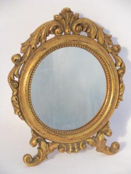 catalog photo of ornate Spanish mirror for boudoir vanity table, antique gold finish frame, easel stand