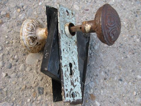 photo of ornate antique Arts and Crafts vintage door hardware, doorknobs & plates #3