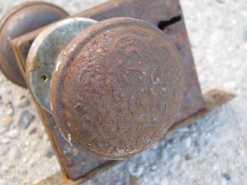 photo of ornate antique Arts and Crafts vintage door hardware, doorknobs & plates #4