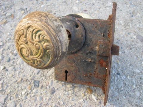 photo of ornate antique Arts and Crafts vintage door hardware, doorknobs & plates #8