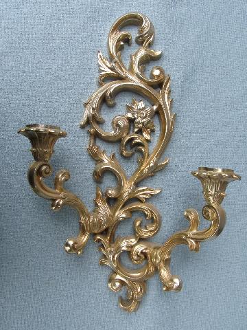 photo of ornate antique gold rococo wall sconces, vintage floral candle brackets #2