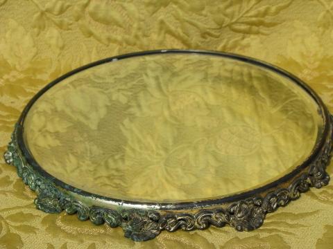 photo of ornate antique heavy glass mirror plateau, shabby worn silver flowers #1