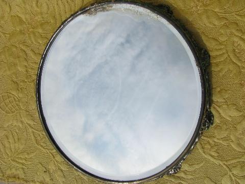 photo of ornate antique heavy glass mirror plateau, shabby worn silver flowers #4
