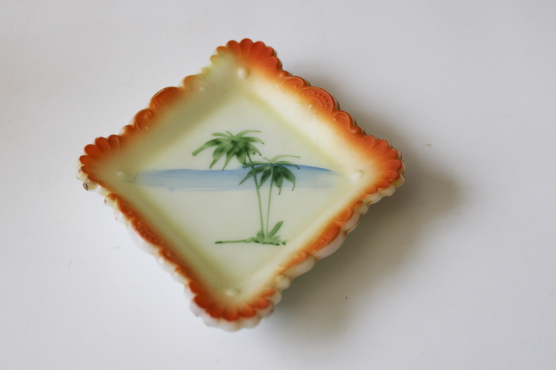 photo of ornate antique milk glass trinket dish, hand painted custard yellow w/ palm tree #1