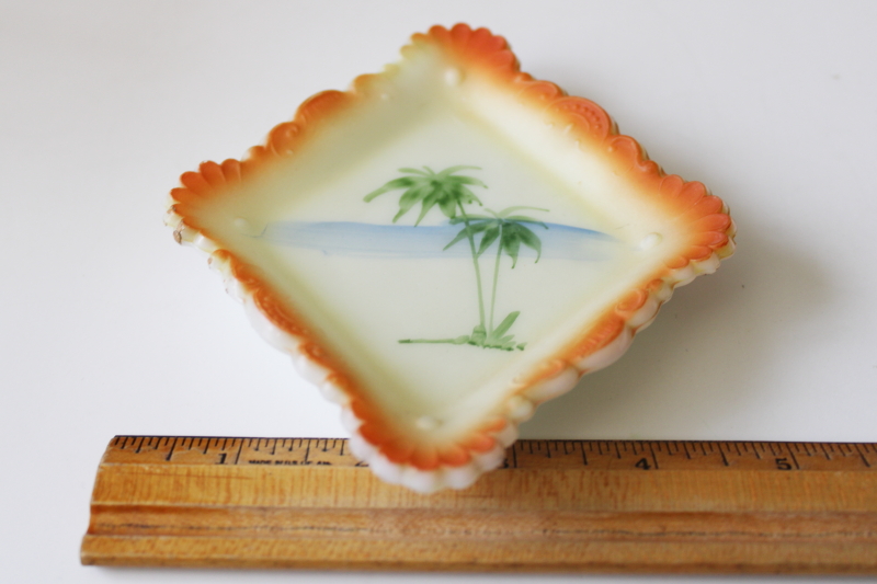 photo of ornate antique milk glass trinket dish, hand painted custard yellow w/ palm tree #3