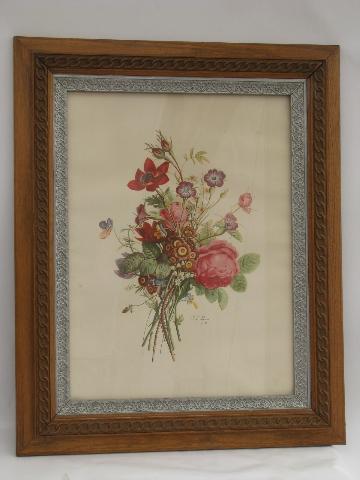 photo of ornate antique oak frame w/ large vintage Prevost french floral print #1