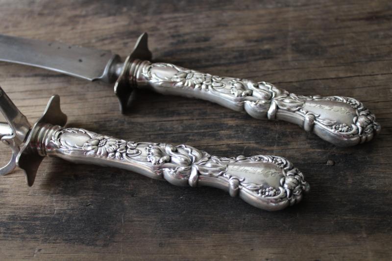 photo of ornate antique silver handled carving set knife and fork, engraved December 25th 1906 #6