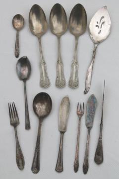 catalog photo of ornate antique silver plate serving pieces, vintage flatware lot mixed patterns