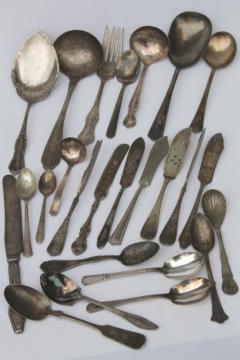 catalog photo of ornate antique silver plate serving pieces, vintage flatware lot mixed patterns