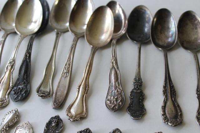 photo of ornate antique silver plate spoons, vintage flatware lot 50 tea spoons mixed patterns #2