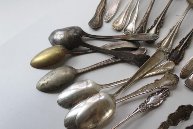 photo of ornate antique silver plate spoons, vintage flatware lot 50 tea spoons mixed patterns #7