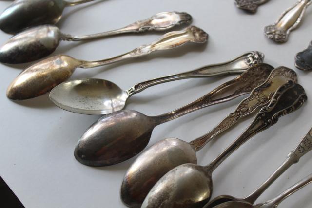 photo of ornate antique silver plate spoons, vintage flatware lot 50 tea spoons mixed patterns #8