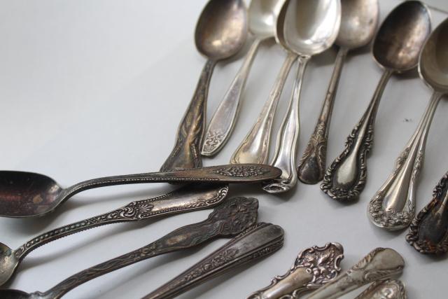 photo of ornate antique silver plate spoons, vintage flatware lot 50 tea spoons mixed patterns #13