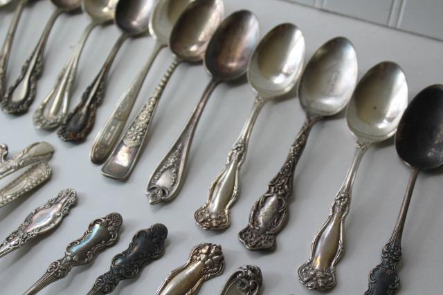 photo of ornate antique silver plate spoons, vintage flatware lot 50 tea spoons mixed patterns #16