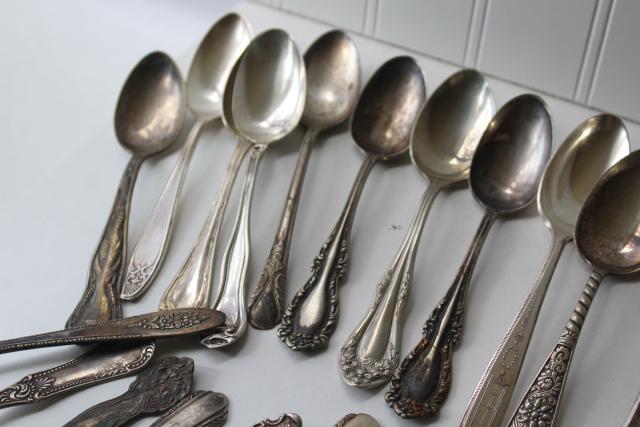 photo of ornate antique silver plate spoons, vintage flatware lot 50 tea spoons mixed patterns #17