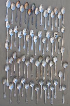 catalog photo of ornate antique silver plate tea spoons, vintage flatware lot 60 teaspoons mixed patterns