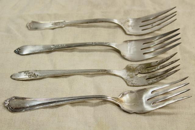 photo of ornate antique silverware, collection of large serving forks, vintage silver plate flatware #6