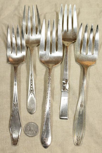photo of ornate antique silverware, collection of large serving forks, vintage silver plate flatware #7
