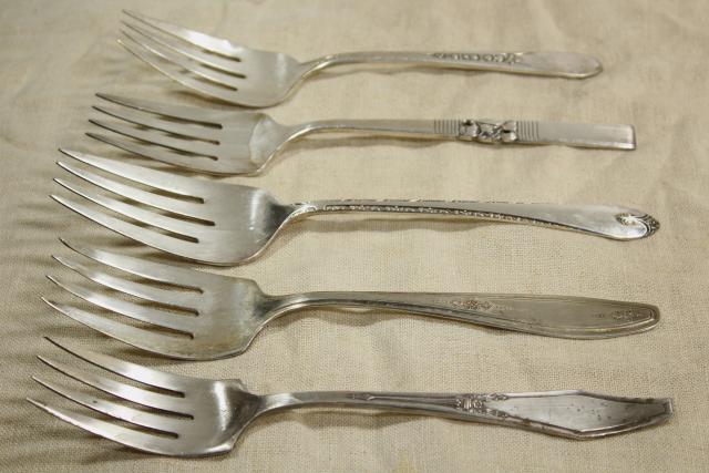 photo of ornate antique silverware, collection of large serving forks, vintage silver plate flatware #9