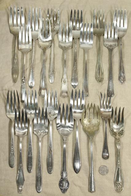 photo of ornate antique silverware, collection of large serving forks, vintage silver plate flatware #11