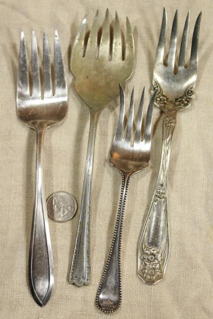 photo of ornate antique silverware, collection of large serving forks, vintage silver plate flatware #12