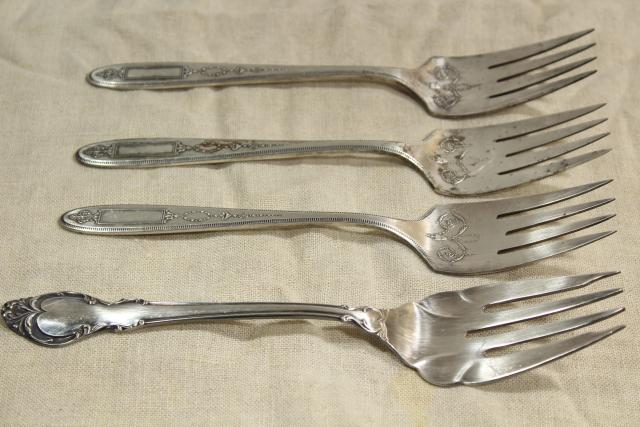 photo of ornate antique silverware, collection of large serving forks, vintage silver plate flatware #17