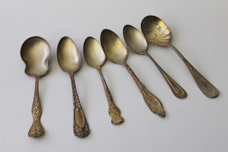 photo of ornate antique sterling silver spoons, mismatched teaspoons sugar spoons 1800s Victorian #1