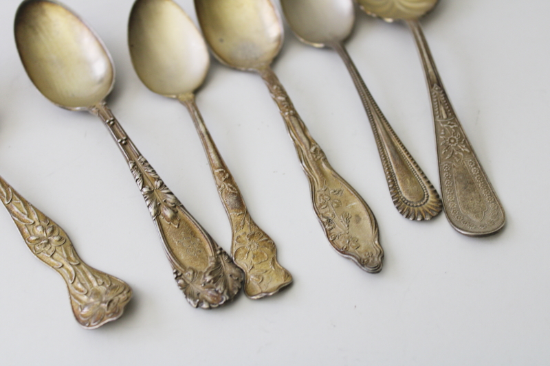 photo of ornate antique sterling silver spoons, mismatched teaspoons sugar spoons 1800s Victorian #3