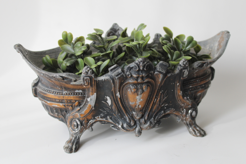 photo of ornate antique vintage cast metal planter, faux bronze finish distressed patina #7