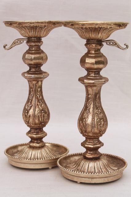 photo of ornate cast metal candlesticks, vintage candle holders w/ antique gold finish #1
