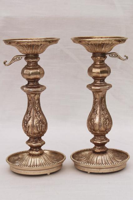 photo of ornate cast metal candlesticks, vintage candle holders w/ antique gold finish #2