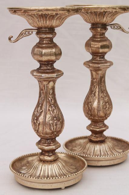 photo of ornate cast metal candlesticks, vintage candle holders w/ antique gold finish #3