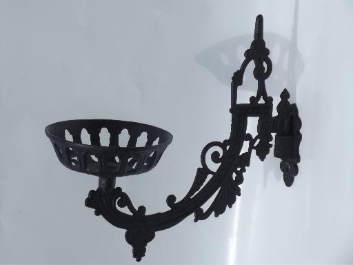 photo of ornate cast metal oil lamp holder wall hanging bracket, vintage Emig? #1