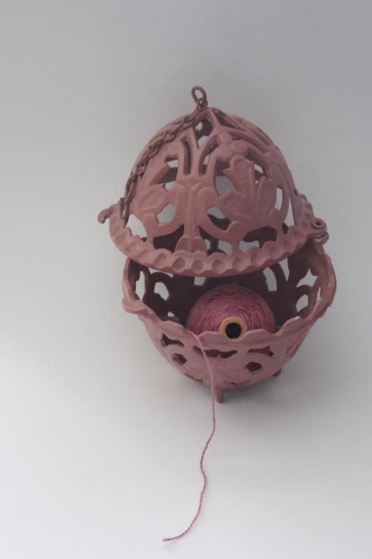 photo of ornate cast metal string holder, vintage pink painted aluminum twine ball stand or hanger #2