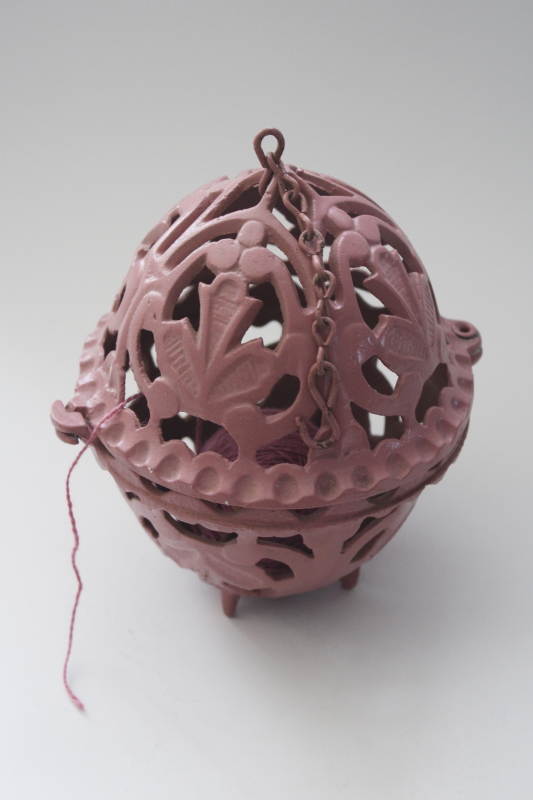 photo of ornate cast metal string holder, vintage pink painted aluminum twine ball stand or hanger #3