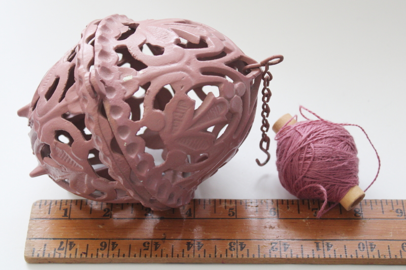 photo of ornate cast metal string holder, vintage pink painted aluminum twine ball stand or hanger #5