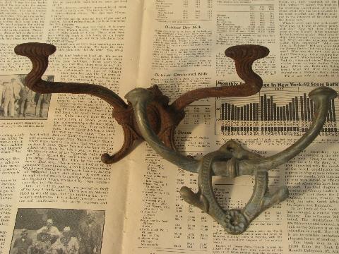 photo of ornate coat hooks, antique cast iron & vintage brass double hook lot #1