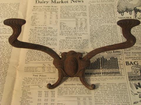 photo of ornate coat hooks, antique cast iron & vintage brass double hook lot #2