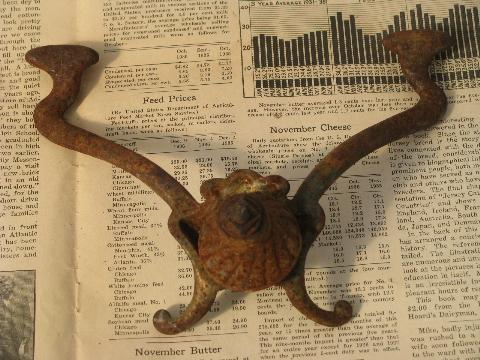 photo of ornate coat hooks, antique cast iron & vintage brass double hook lot #4