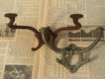 catalog photo of ornate coat hooks, antique cast iron & vintage brass double hook lot