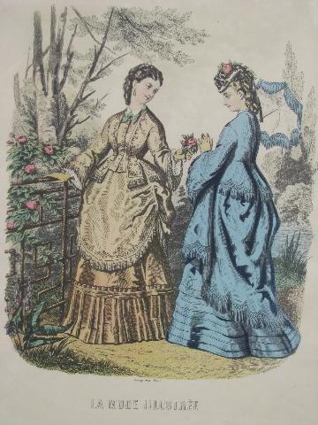 photo of ornate framed antique french fashion print, ladies gowns godey style #3