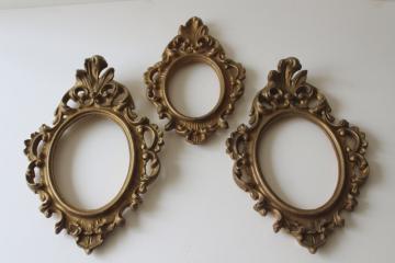 photo of ornate french country style vintage gold plastic picture frames, trio of empty frames
