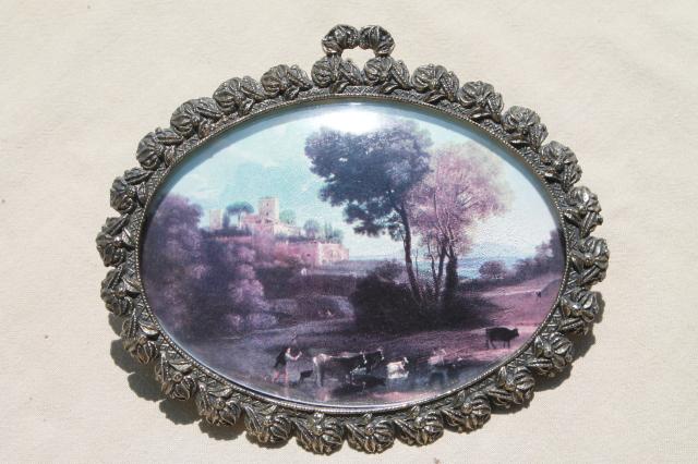 photo of ornate gold Italian baroque frame w/ oval convex bubble glass & charming vintage pastoral print #1