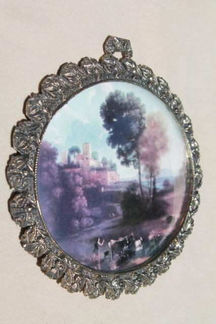 photo of ornate gold Italian baroque frame w/ oval convex bubble glass & charming vintage pastoral print #2